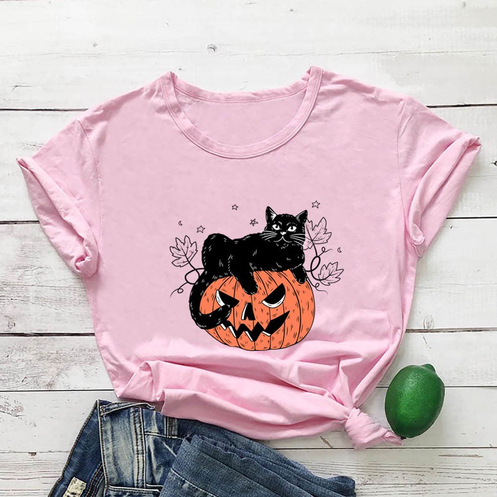 T-shirt à manches courtes grande taille imprimé chat citrouille - Rose - 3XL - image 4