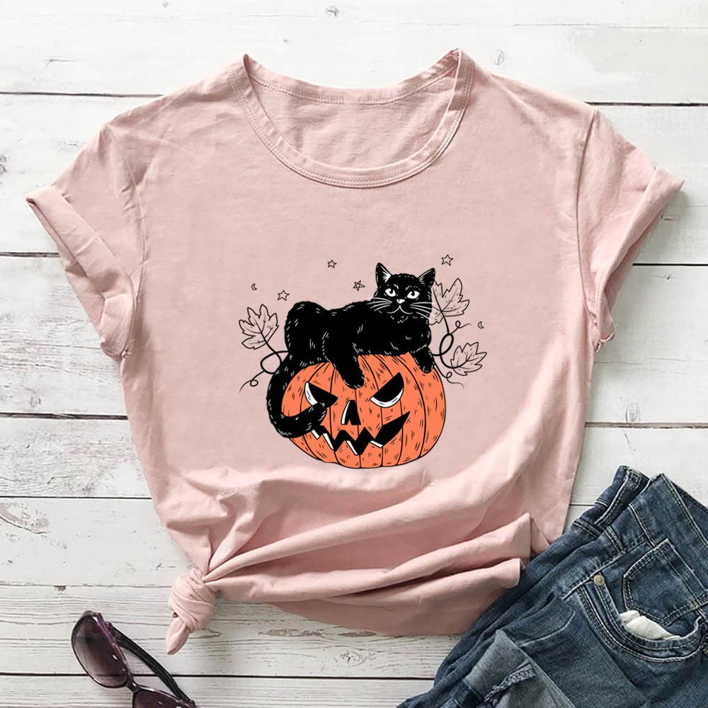 T-shirt à manches courtes grande taille imprimé chat citrouille - Rose clair - 3XL - image 1