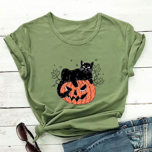 T-shirt à manches courtes grande taille imprimé chat citrouille - Vert - 3XL - image 0