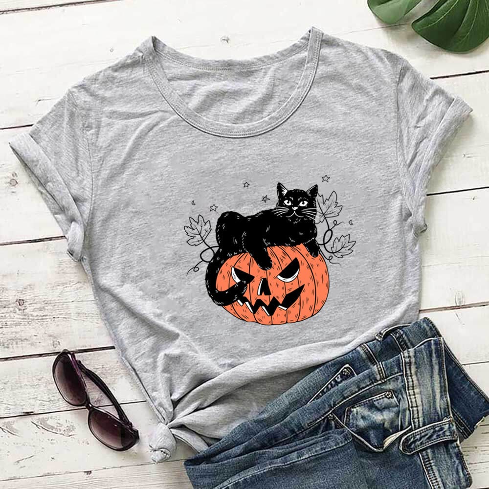 T-shirt à manches courtes grande taille imprimé chat citrouille - Gris - 3XL - image 2