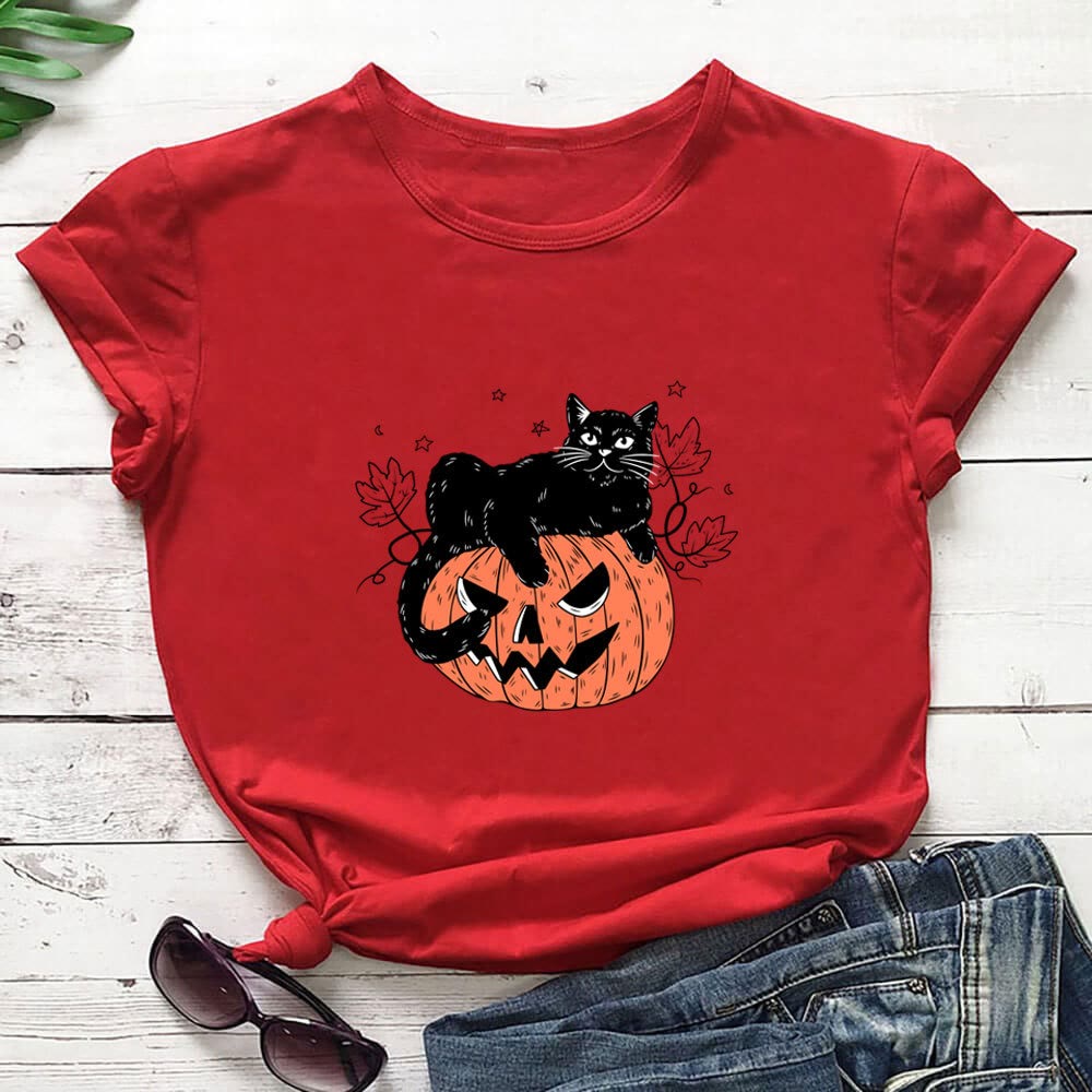 T-shirt à manches courtes grande taille imprimé chat citrouille - Rouge - 3XL - image 3