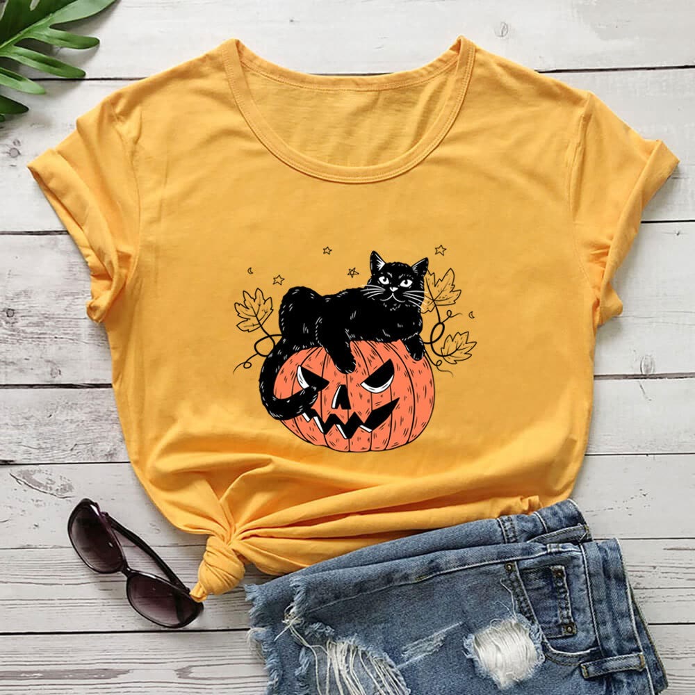 T-shirt à manches courtes grande taille imprimé chat citrouille - Jaune - 3XL - image 6