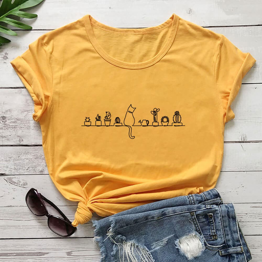 T-shirt à manches courtes grande taille à motif chat et fleur - Jaune - 3XL - image 6