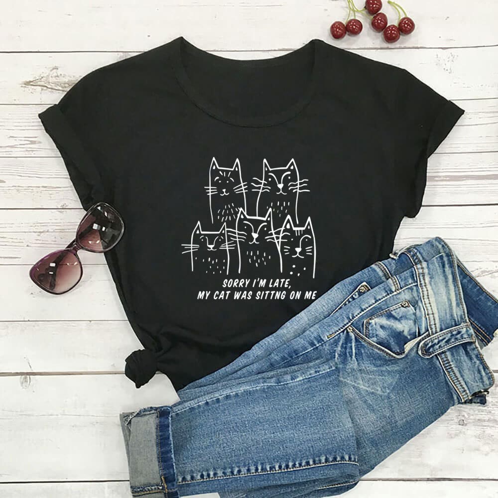 T-shirt à manches courtes grande taille avec motif chat humoristique - Noir - 3XL - image 1