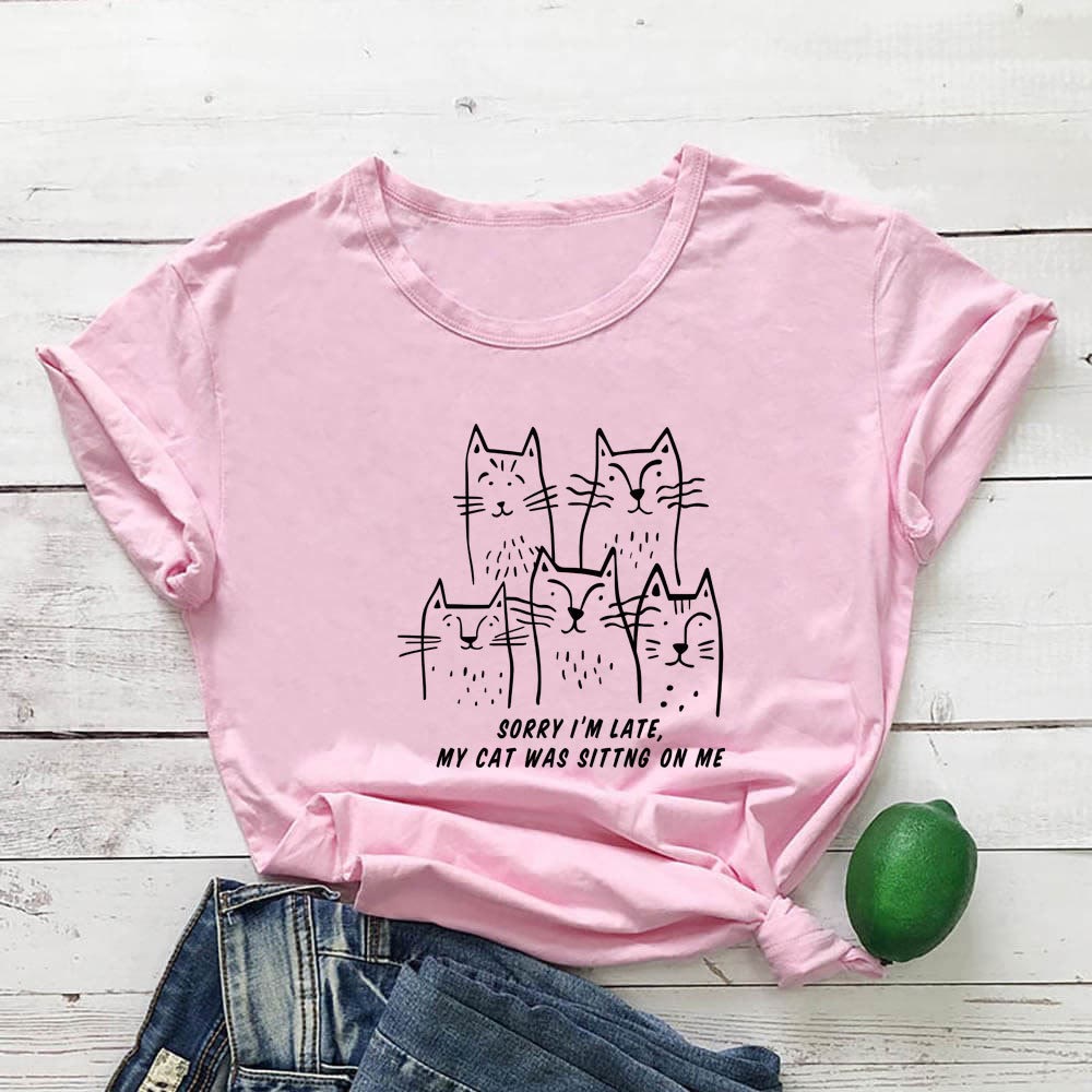 T-shirt à manches courtes grande taille avec motif chat humoristique - Rose - 3XL - image 3