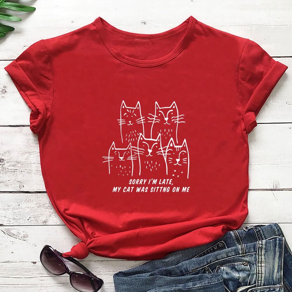 T-shirt à manches courtes grande taille avec motif chat humoristique - Rouge - 3XL - image 2