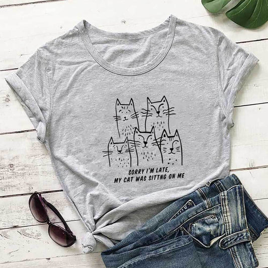 T-shirt à manches courtes grande taille avec motif chat humoristique - Gris - 3XL - image 0