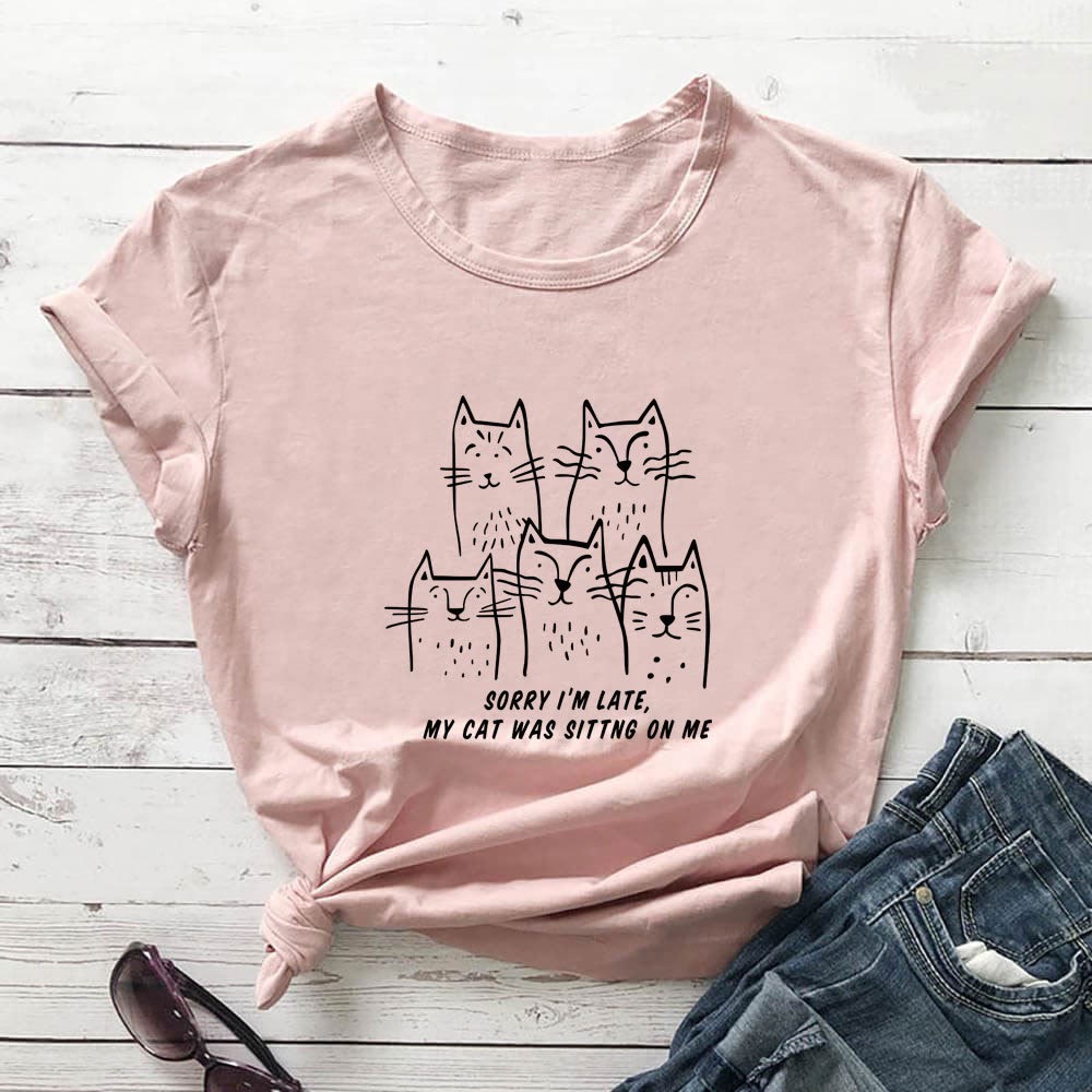 T-shirt à manches courtes grande taille avec motif chat humoristique - Rose clair - 3XL - image 6