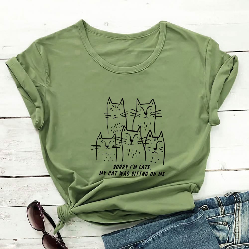 T-shirt à manches courtes grande taille avec motif chat humoristique - Vert - 3XL - image 7