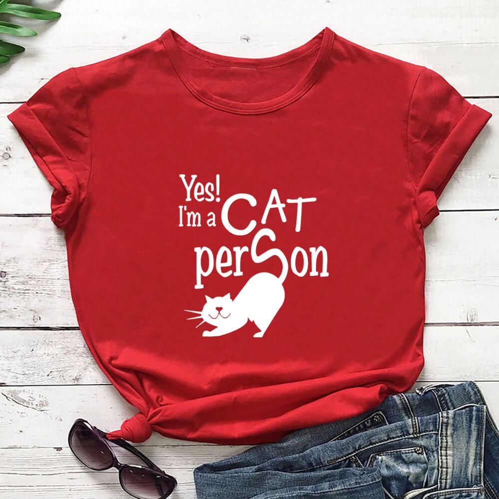 T-shirt à manches courtes grande taille avec inscription « Cat Person » - Rouge - 3XL - image 4
