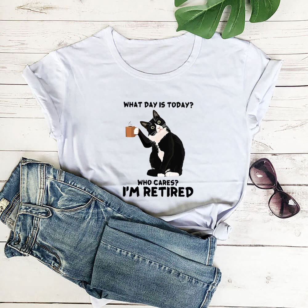 T-shirt à manches courtes grande taille avec motif chat retraité - Blanc - 3XL - image 1