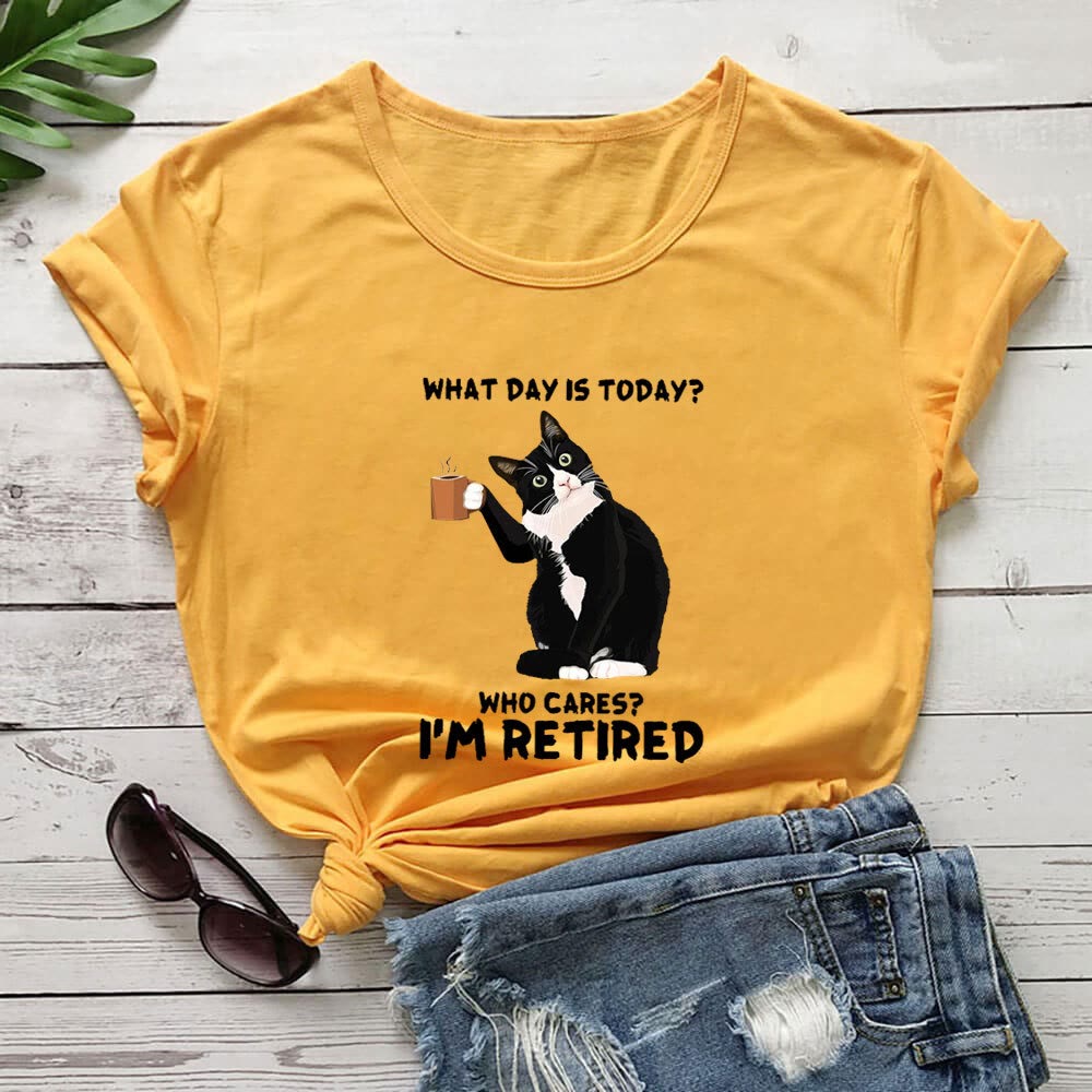 T-shirt à manches courtes grande taille avec motif chat retraité - Jaune - 3XL - image 5