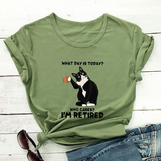 T-shirt à manches courtes grande taille avec motif chat retraité - Vert - 3XL - image 0