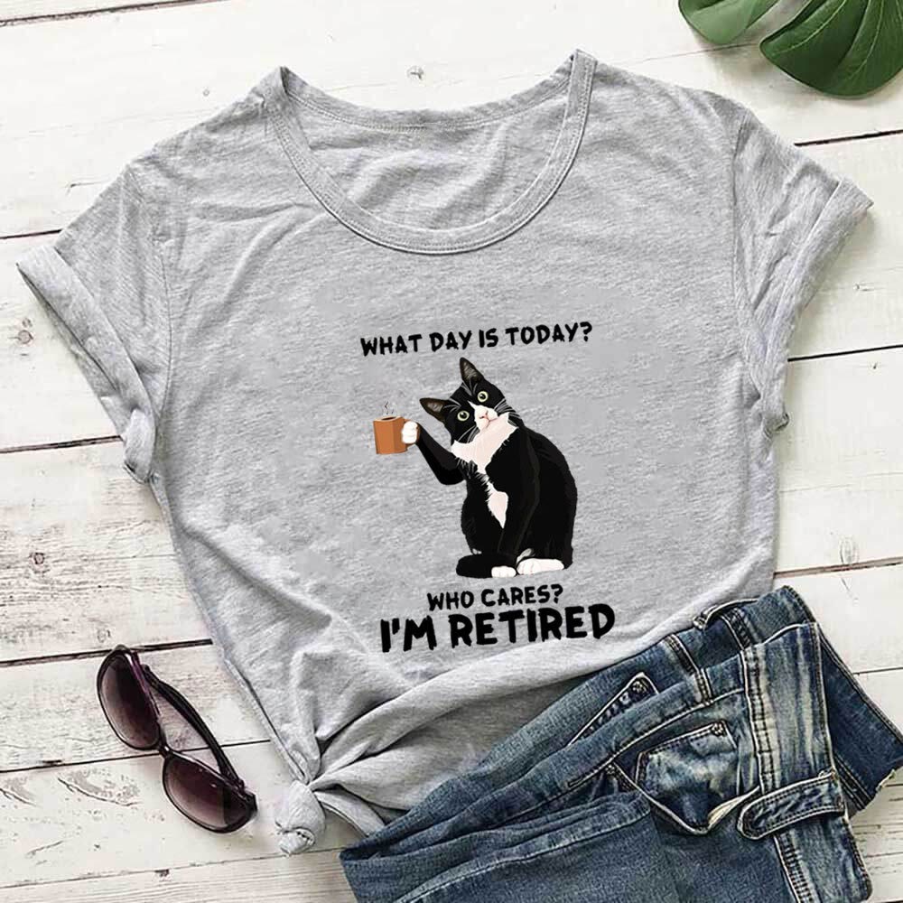 T-shirt à manches courtes grande taille avec motif chat retraité - Gris - 3XL - image 2
