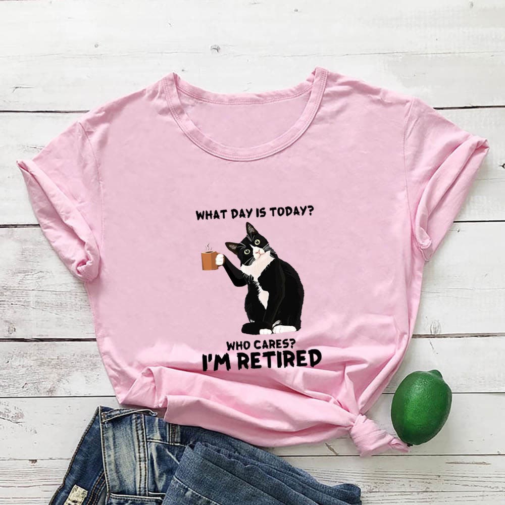 T-shirt à manches courtes grande taille avec motif chat retraité - Rose - 3XL - image 3