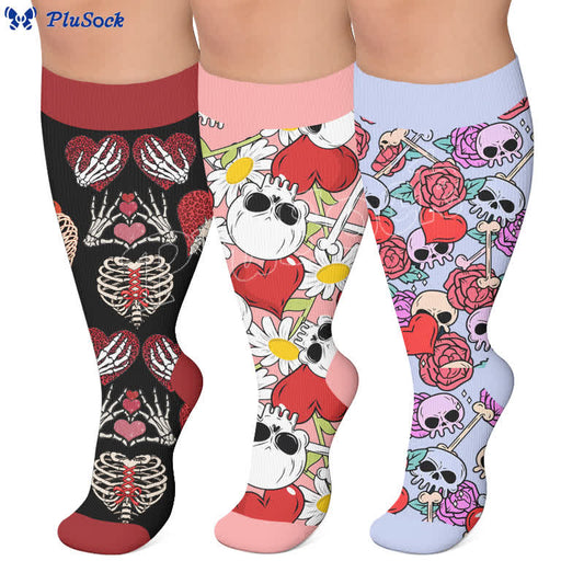 Chaussettes de compression roses à motif de crâne et cœur, grandes tailles - image 0