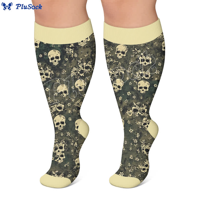 Chaussettes de compression grandes tailles Olive Skull Floral à motif de crâne - image 5