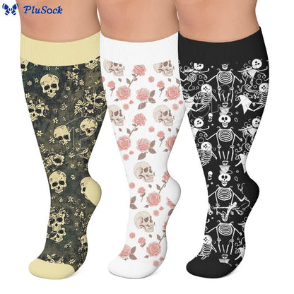 Chaussettes de compression grandes tailles Olive Skull Floral à motif de crâne - image 0