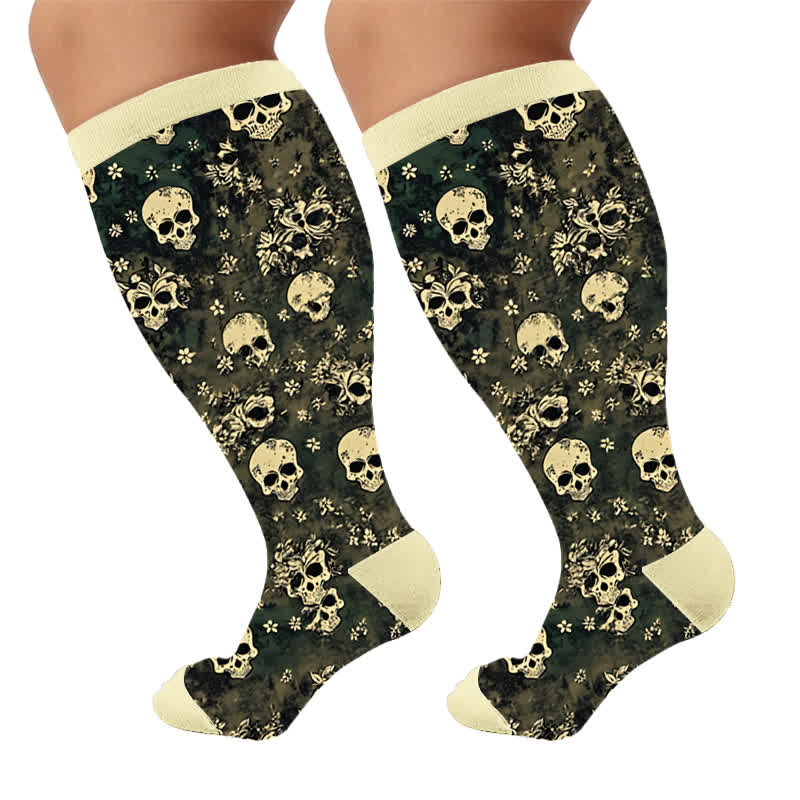 Chaussettes de compression grandes tailles Olive Skull Floral à motif de crâne - Jaune (1 paire) - 4XL - image 8