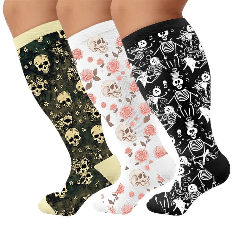 Chaussettes de compression grandes tailles Olive Skull Floral à motif de crâne - Multicolore (3 paires) - 4XL - image 4