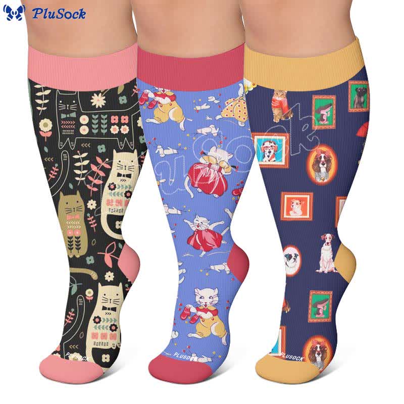 Chaussettes de compression grandes tailles à motif chat et fleurs - image 0