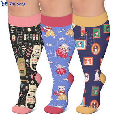 Chaussettes de compression grandes tailles à motif chat et fleurs - image 0