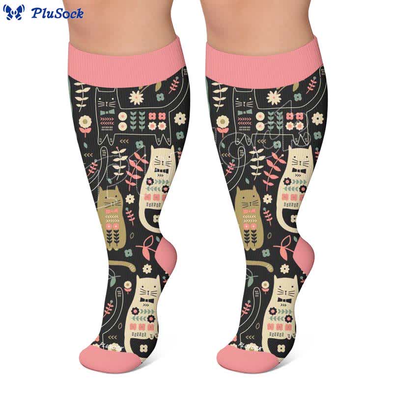 Chaussettes de compression grandes tailles à motif chat et fleurs - image 5