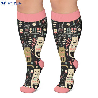 Chaussettes de compression grandes tailles à motif chat et fleurs - image 5