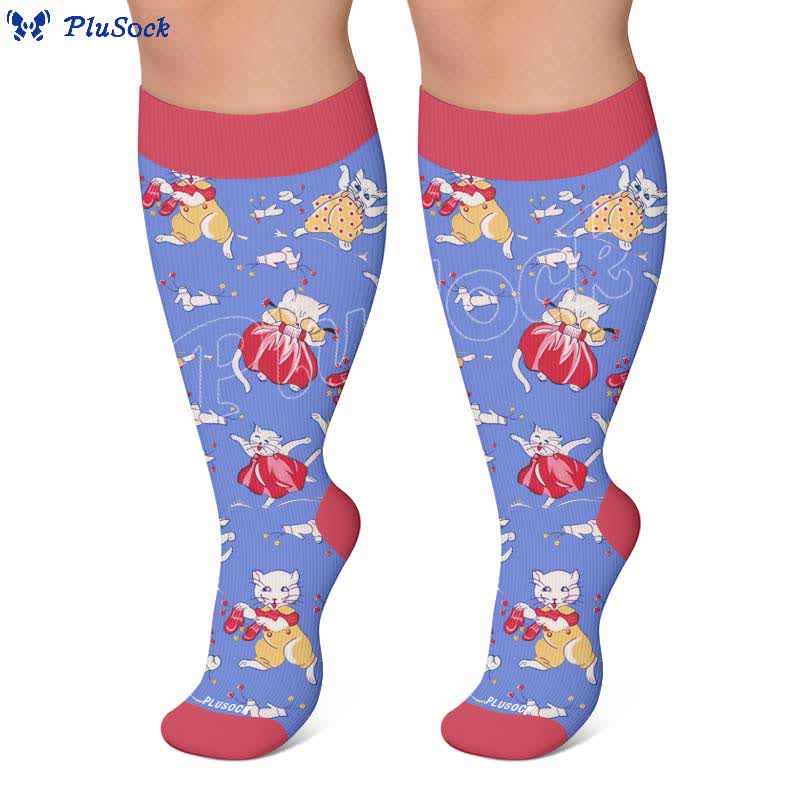 Chaussettes de compression grandes tailles à motif chat et fleurs - image 6