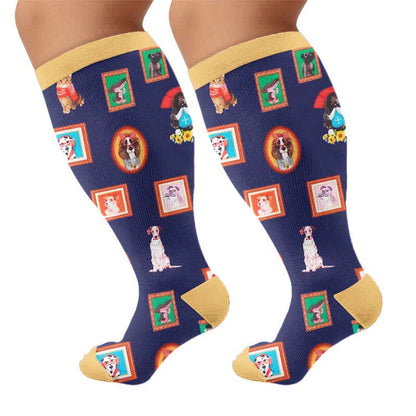 Chaussettes de compression grandes tailles à motif chat et fleurs - Jaune (1 paire) - 4XL - image 10