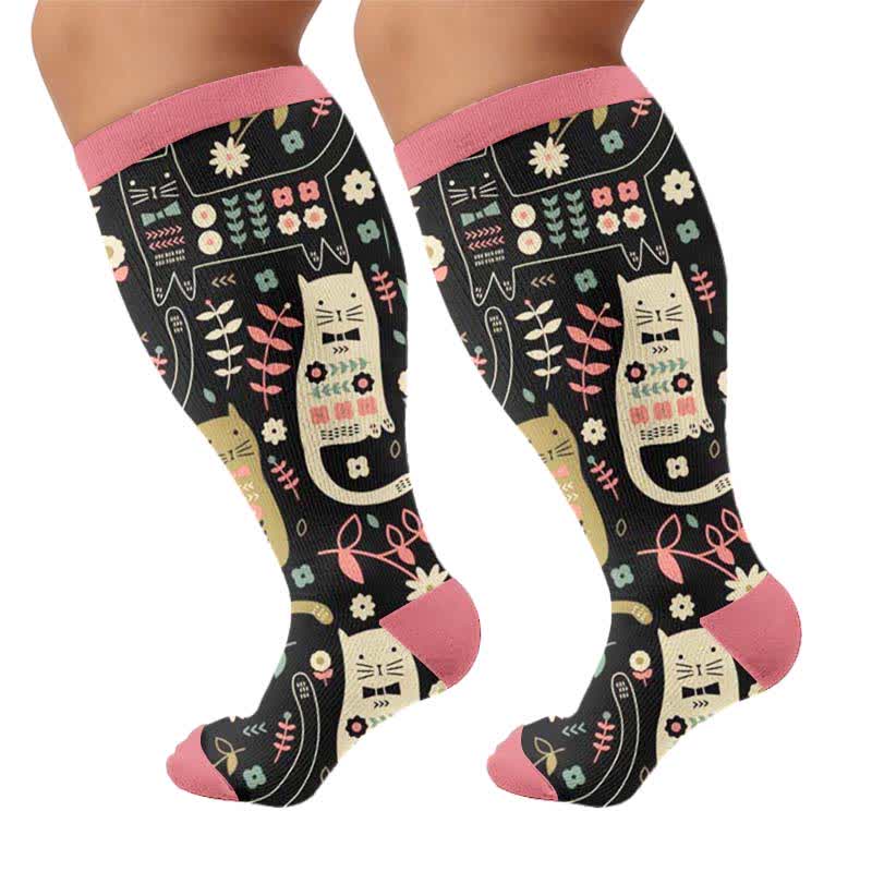 Chaussettes de compression grandes tailles à motif chat et fleurs - Rose (1 paire) - 4XL - image 8