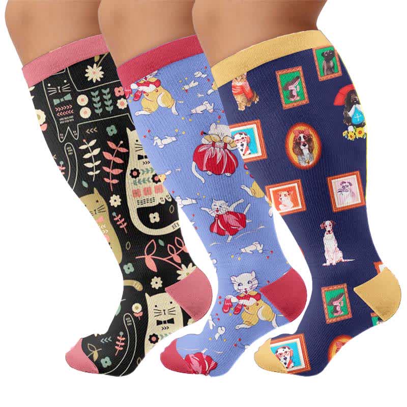 Chaussettes de compression grandes tailles à motif chat et fleurs - Multicolore (3 paires) - 4XL - image 4