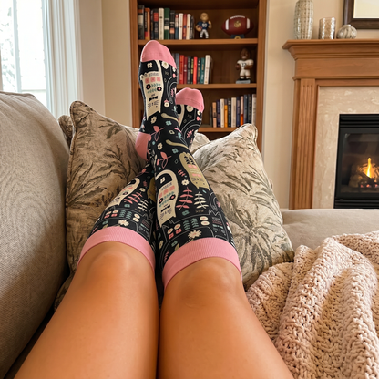 Chaussettes de compression grandes tailles à motif chat et fleurs - image 1