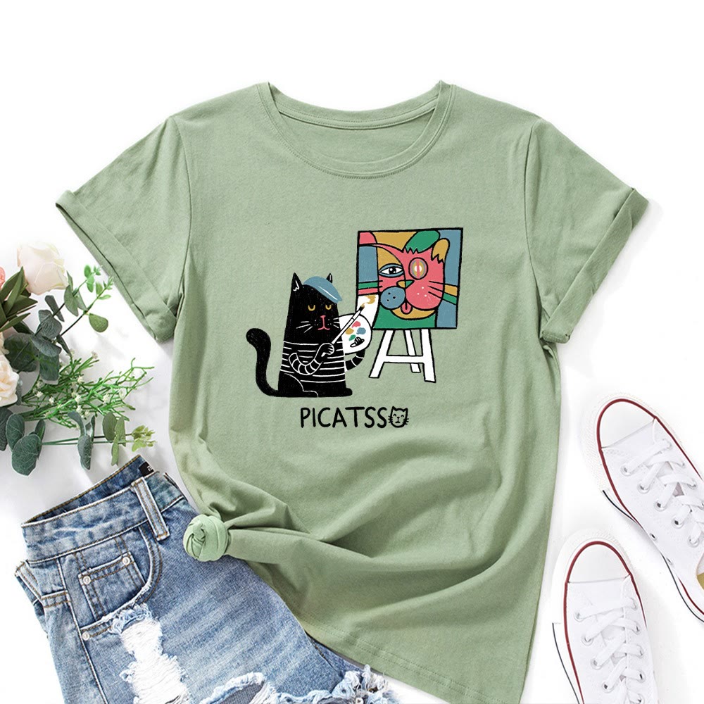 T-shirt grande taille à imprimé chat de dessin animé - Vert olive - 5XL - image 6