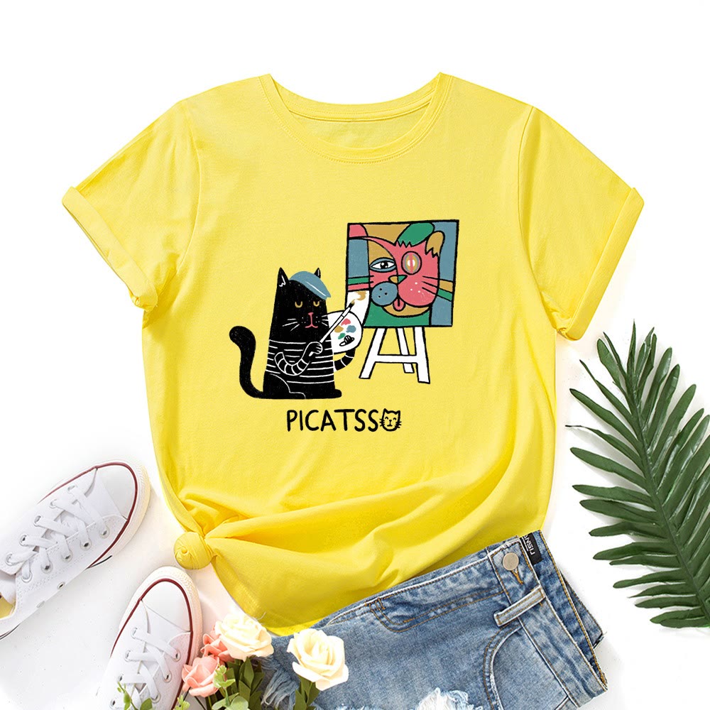 T-shirt grande taille à imprimé chat de dessin animé - Jaune - 5XL - image 4