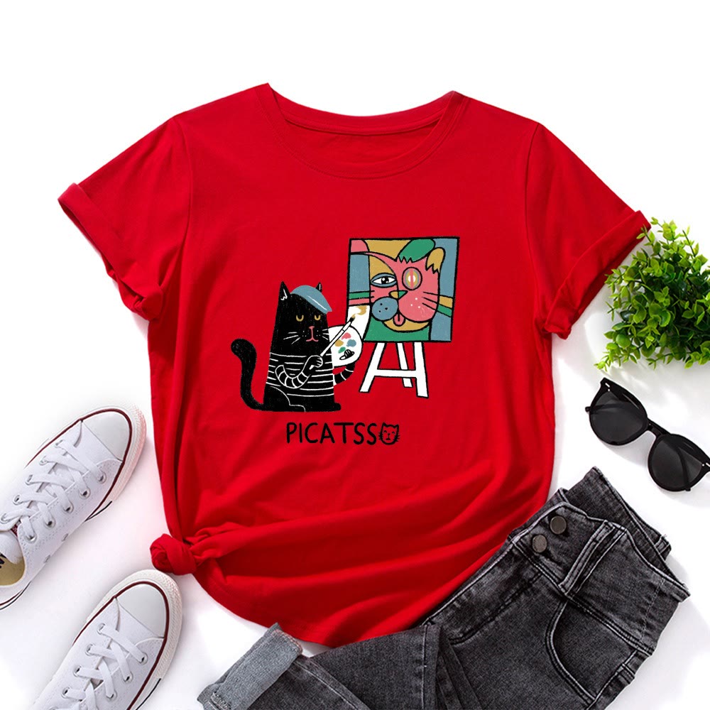 T-shirt grande taille à imprimé chat de dessin animé - Rouge - 5XL - image 1