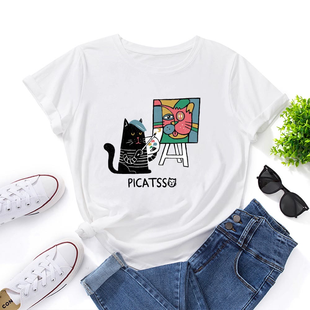 T-shirt grande taille à imprimé chat de dessin animé - Blanc - 5XL - image 2