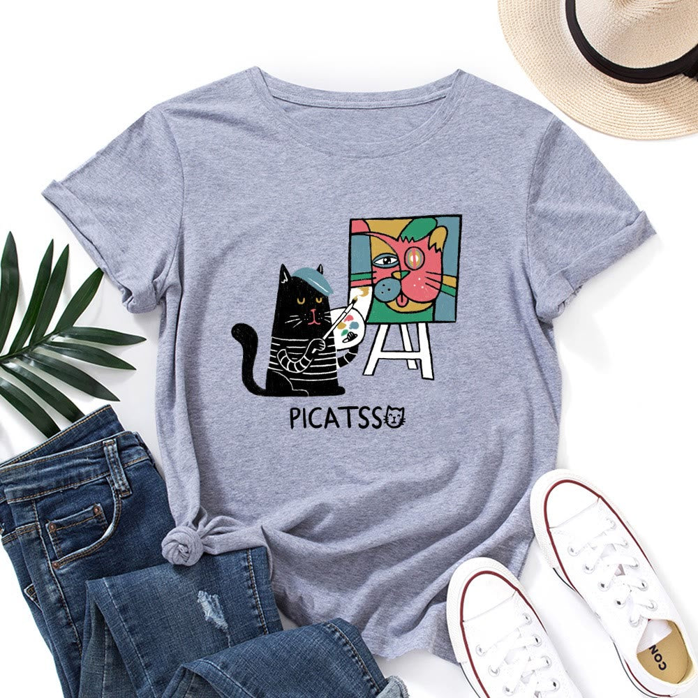 T-shirt grande taille à imprimé chat de dessin animé - Gris clair - 5XL - image 11