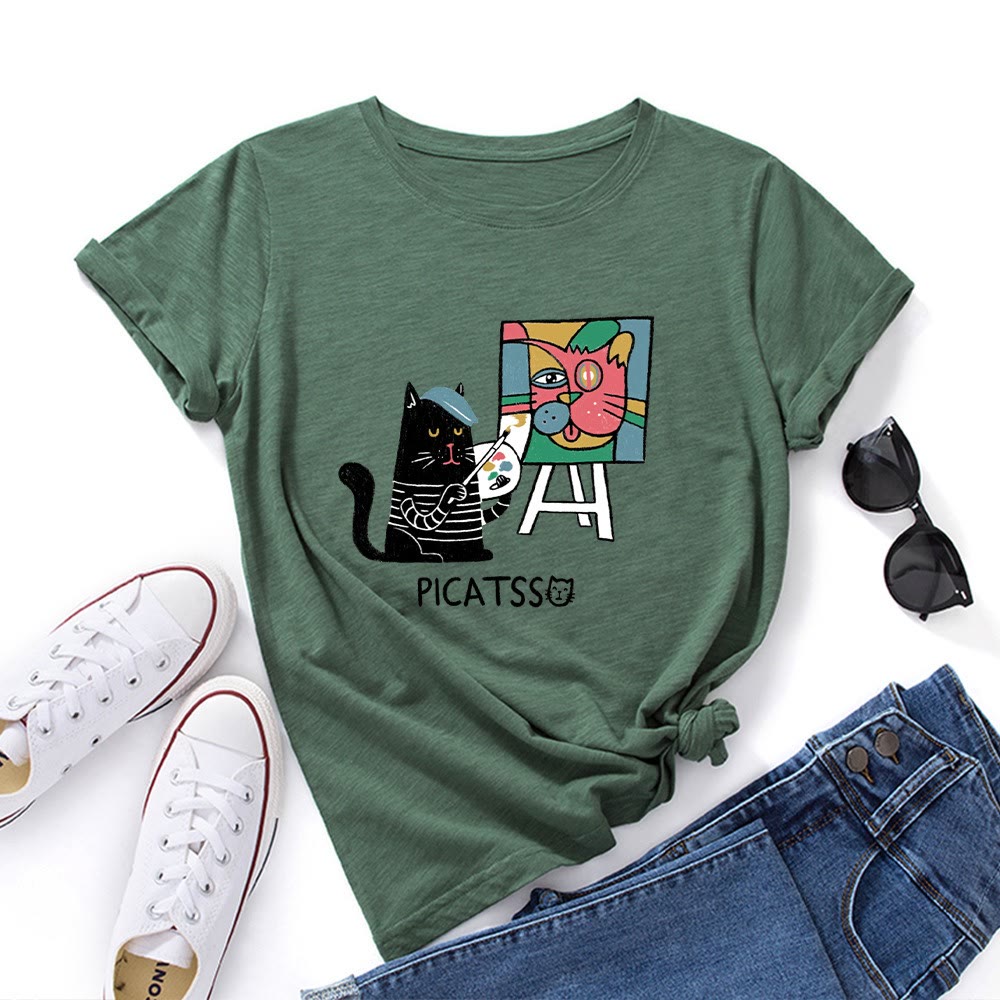 T-shirt grande taille à imprimé chat de dessin animé - Vert armée - 5XL - image 3