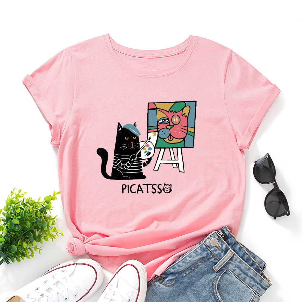 T-shirt grande taille à imprimé chat de dessin animé - Rose - 5XL - image 5