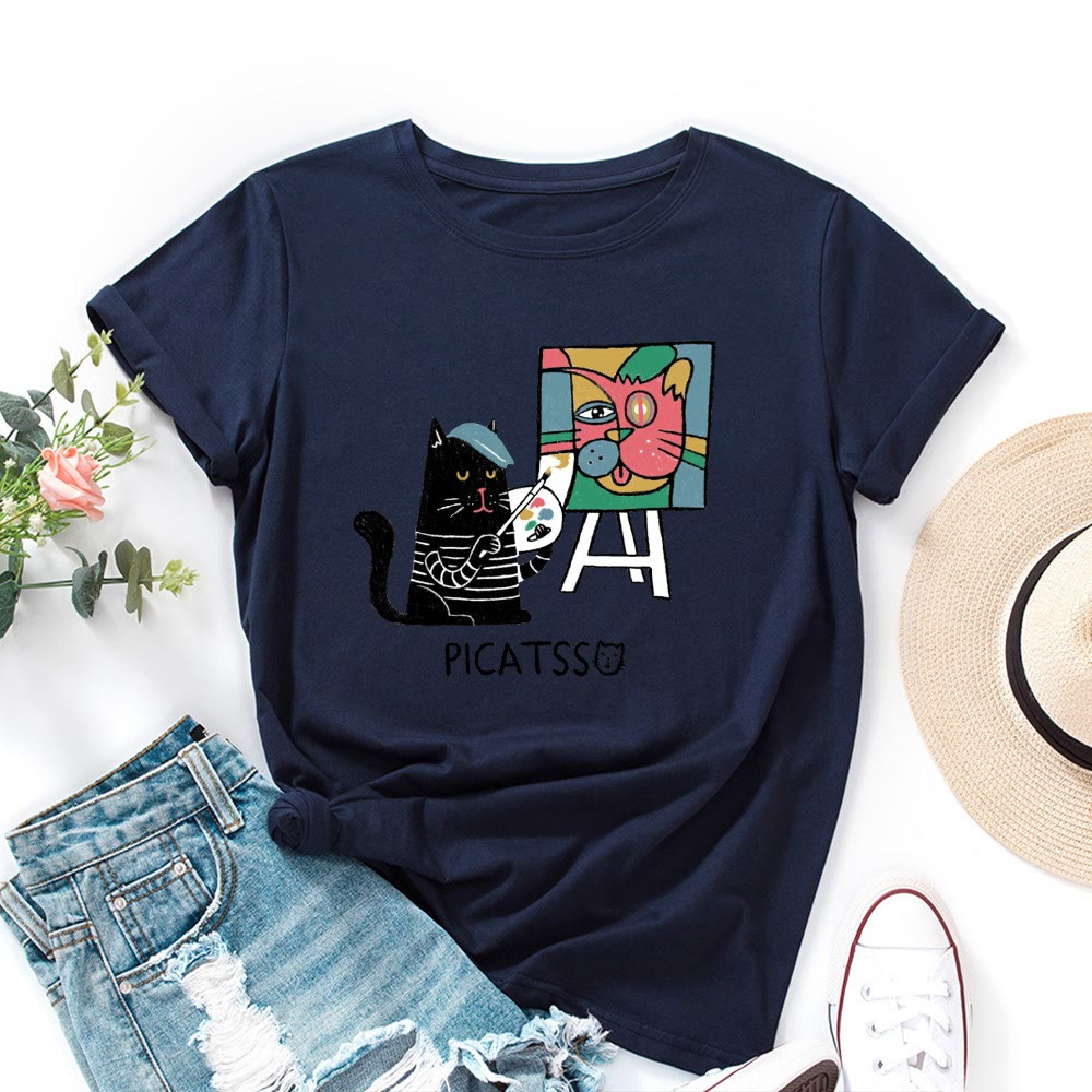 T-shirt grande taille à imprimé chat de dessin animé - Bleu marine - 5XL - image 8