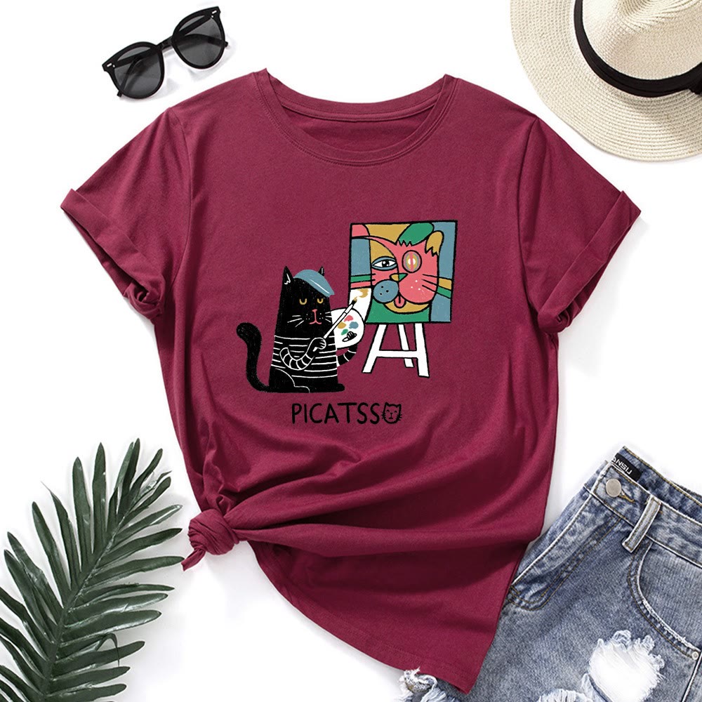 T-shirt grande taille à imprimé chat de dessin animé - Vin - 5XL - image 7