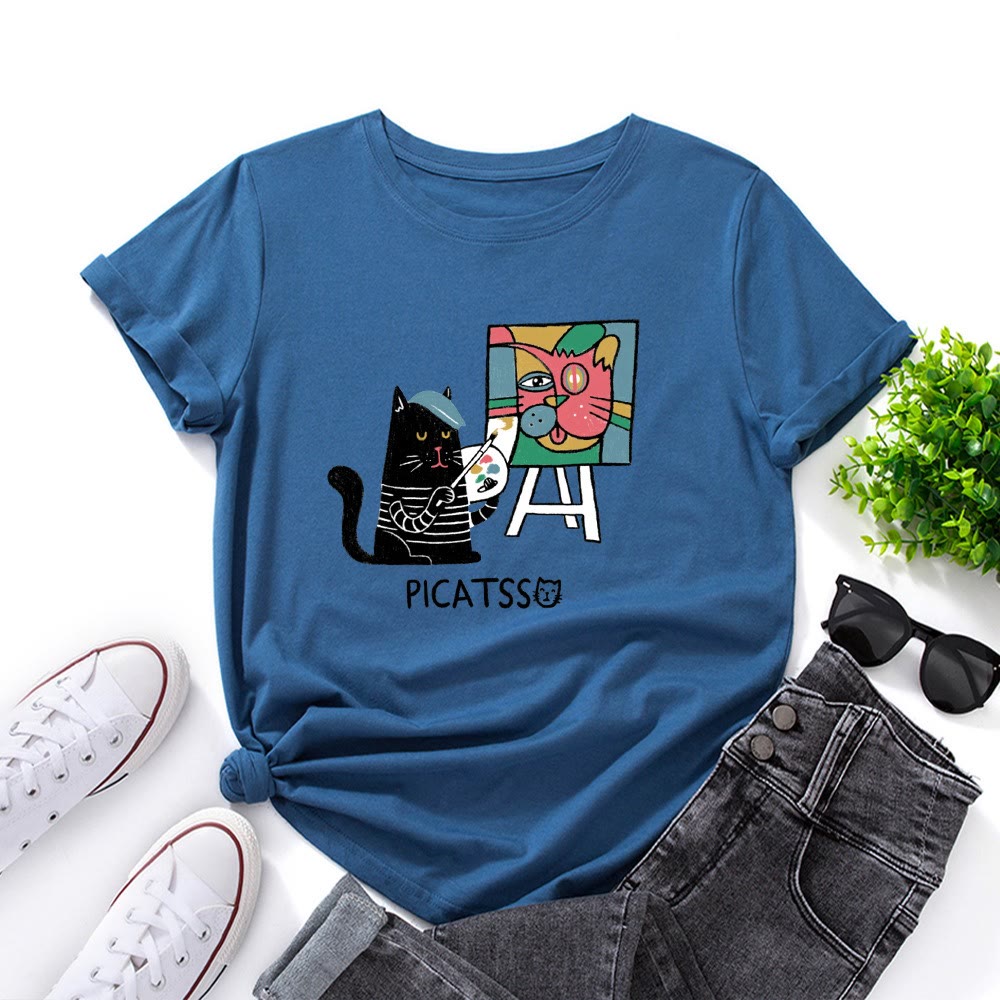 T-shirt grande taille à imprimé chat de dessin animé - Bleu royal - 5XL - image 9