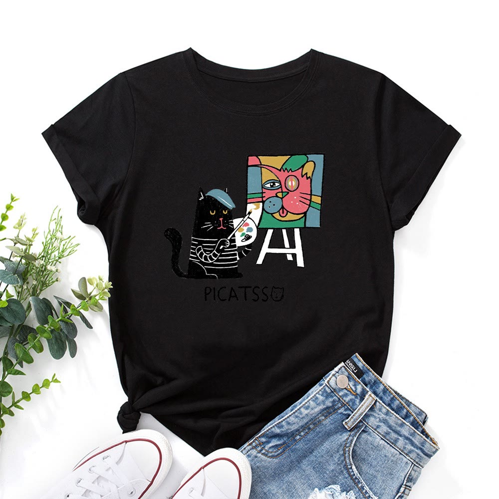 T-shirt grande taille à imprimé chat de dessin animé - Noir - 5XL - image 0