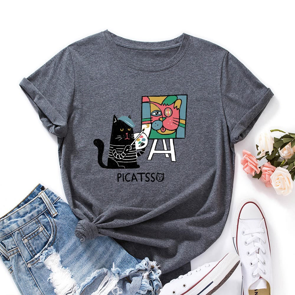 T-shirt grande taille à imprimé chat de dessin animé - Gris foncé - 5XL - image 10