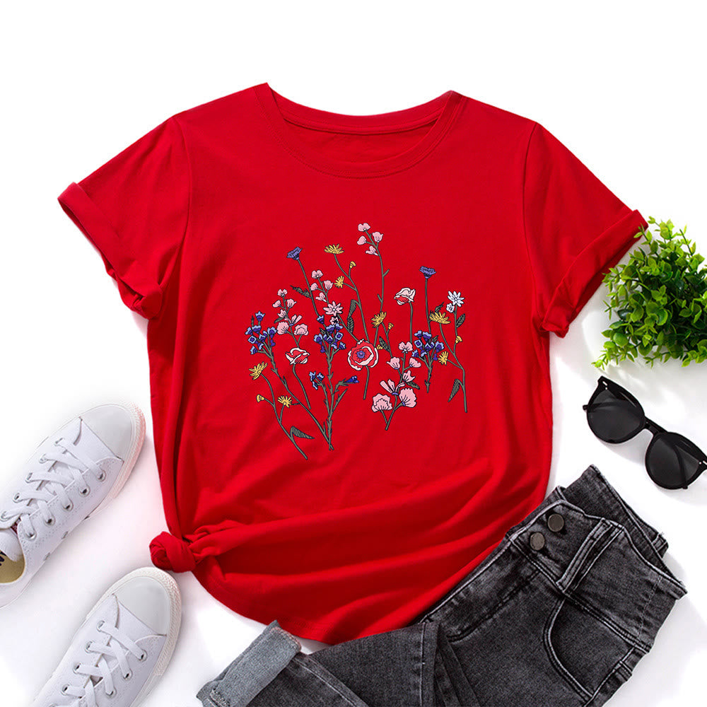 T-shirt imprimé fleurs fraîches grande taille - Rouge - 5XL - image 2