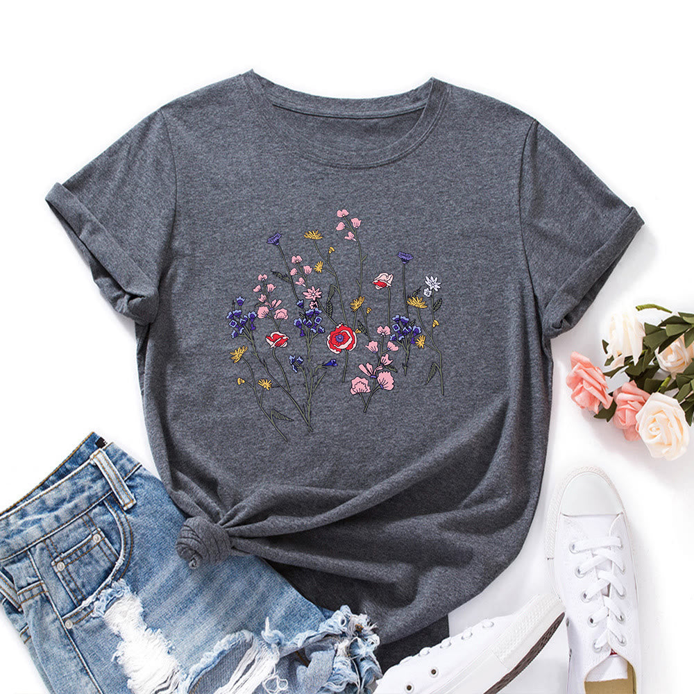 T-shirt imprimé fleurs fraîches grande taille - Gris foncé - 5XL - image 11