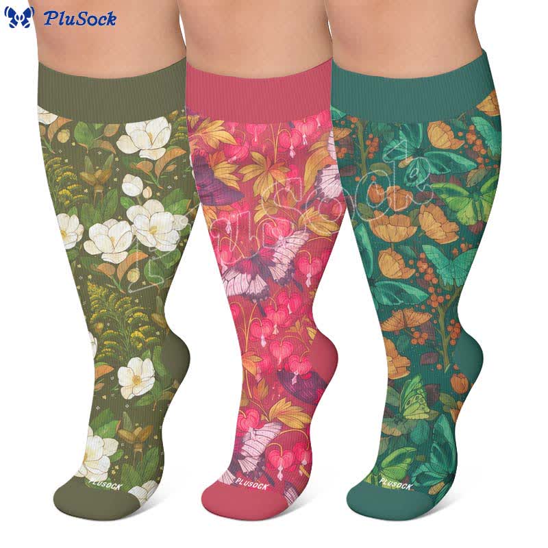 Chaussettes de compression grandes tailles à motif papillon et fleurs - image 0