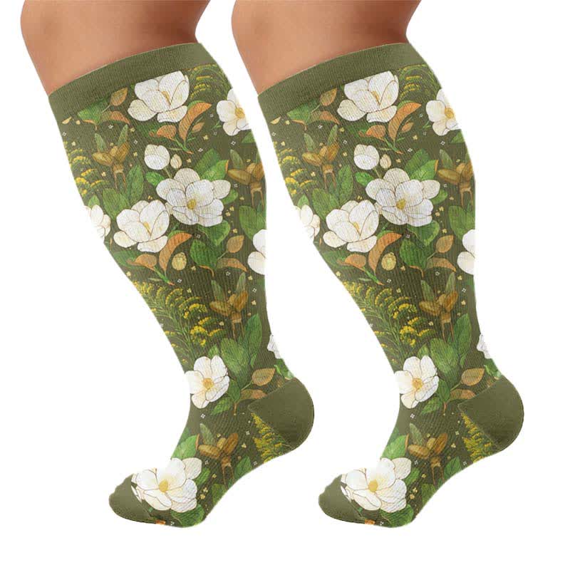 Chaussettes de compression grandes tailles à motif papillon et fleurs - Vert olive (1 paire) - 4XL - image 8