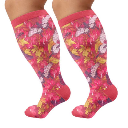 Chaussettes de compression grandes tailles à motif papillon et fleurs - Rouge (1 paire) - 4XL - image 9